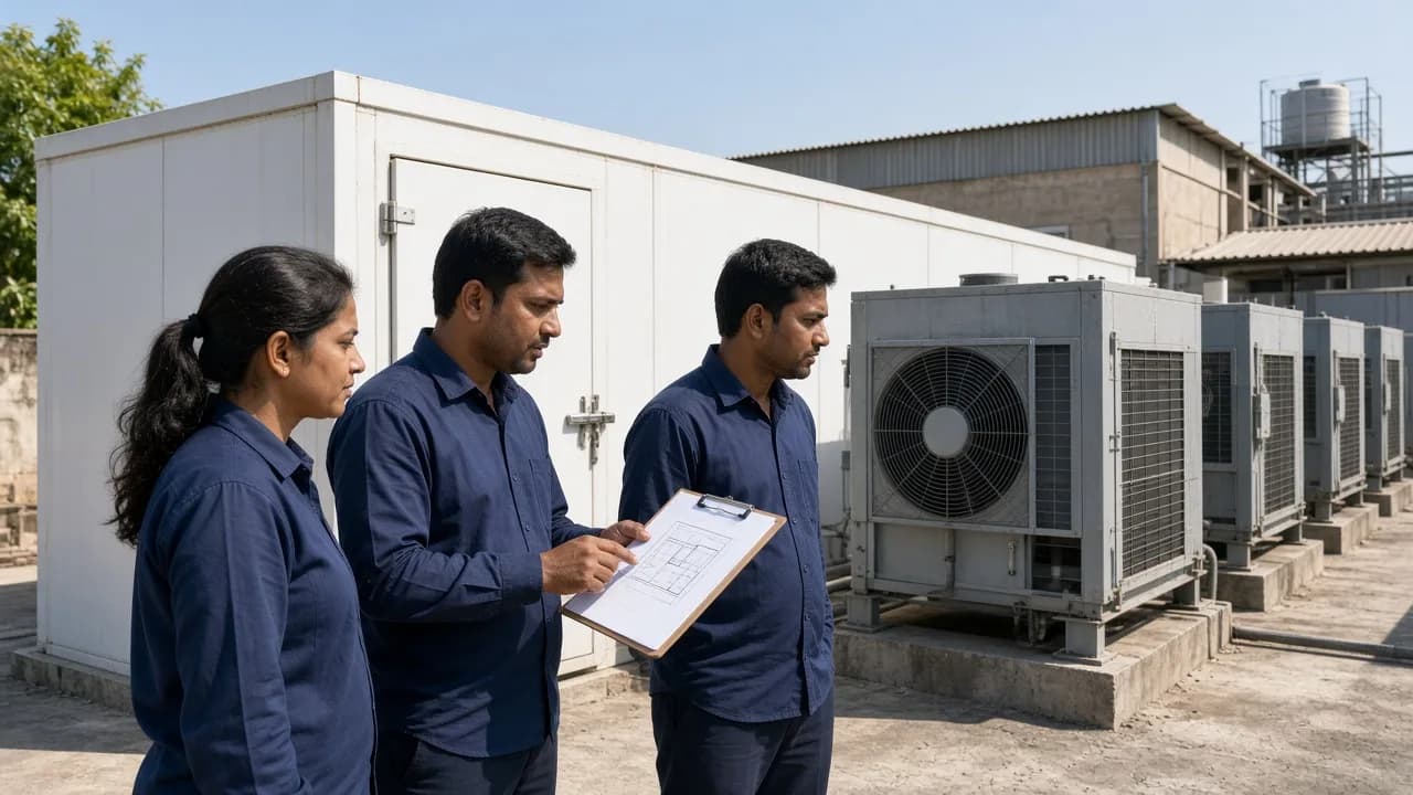 Indian engineers reviewing a cold room and outdoor condensing units on a site in daylight