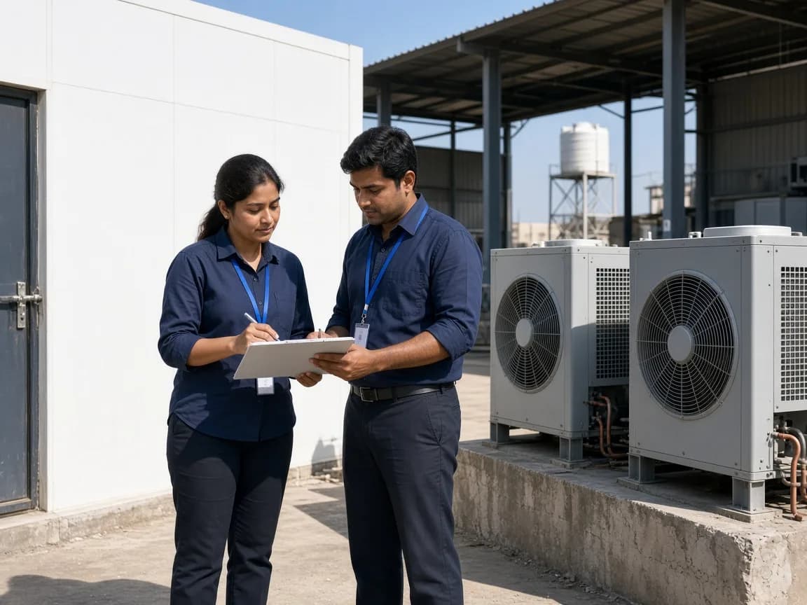 Indian engineers reviewing a cold room and outdoor condensing units