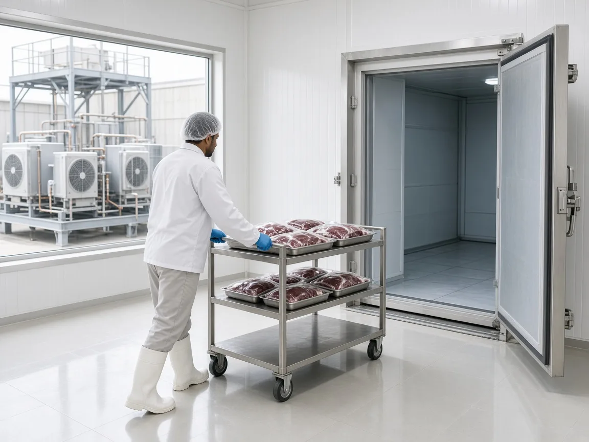 Meat trays loaded toward an Indian blast freezer