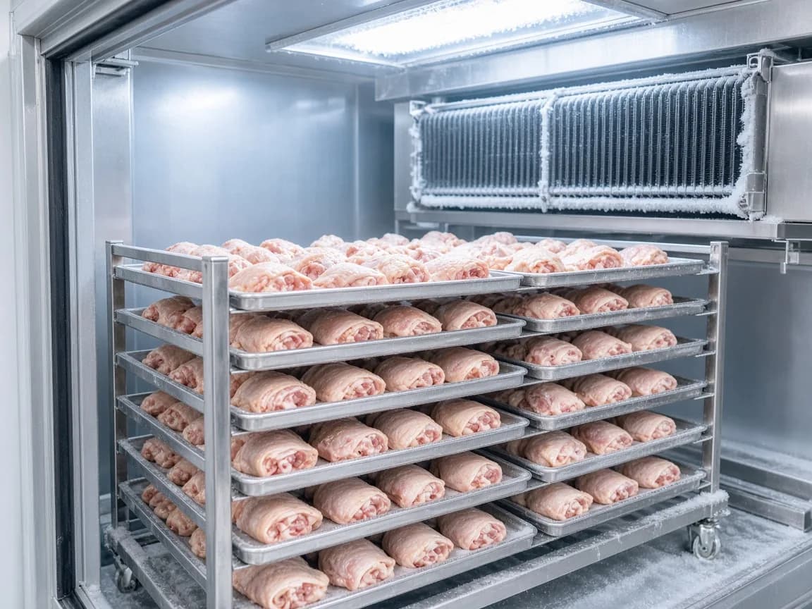 Poultry trays inside an Indian blast freezer