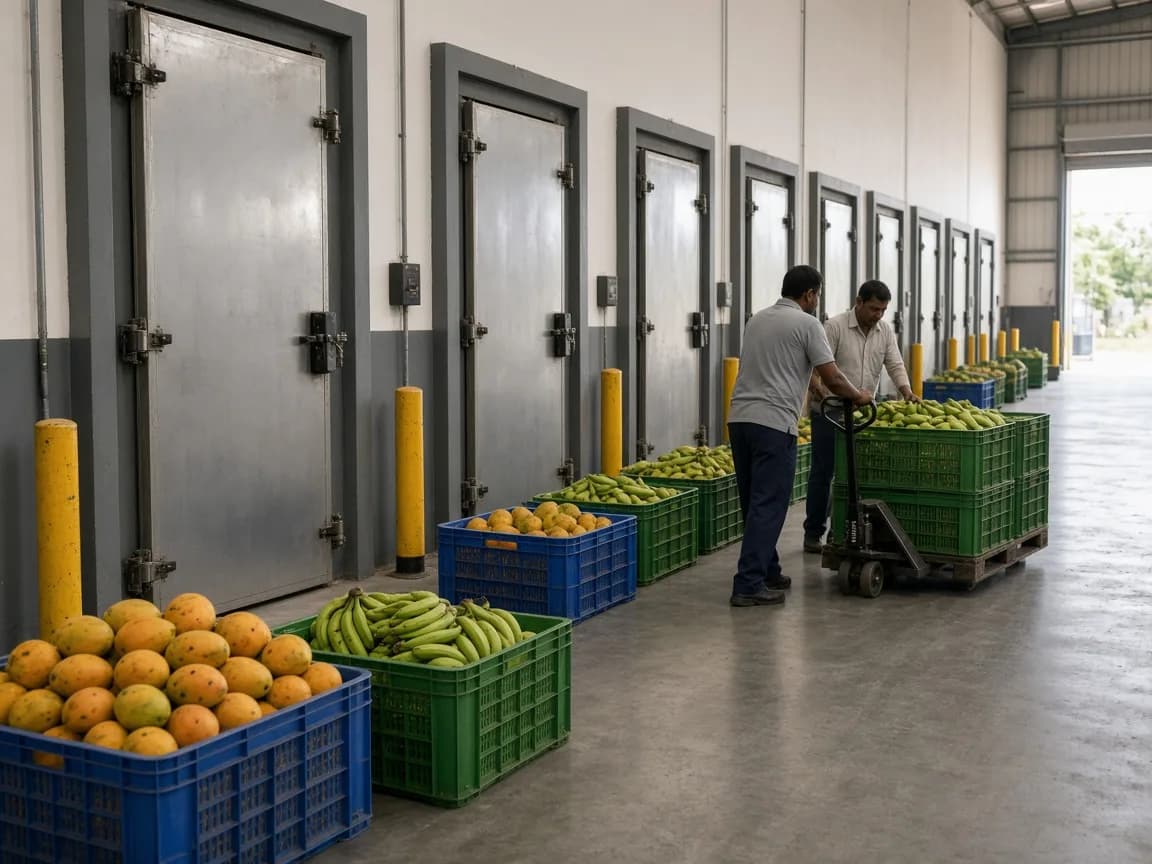 A row of ripening chamber doors in an Indian fruit warehouse