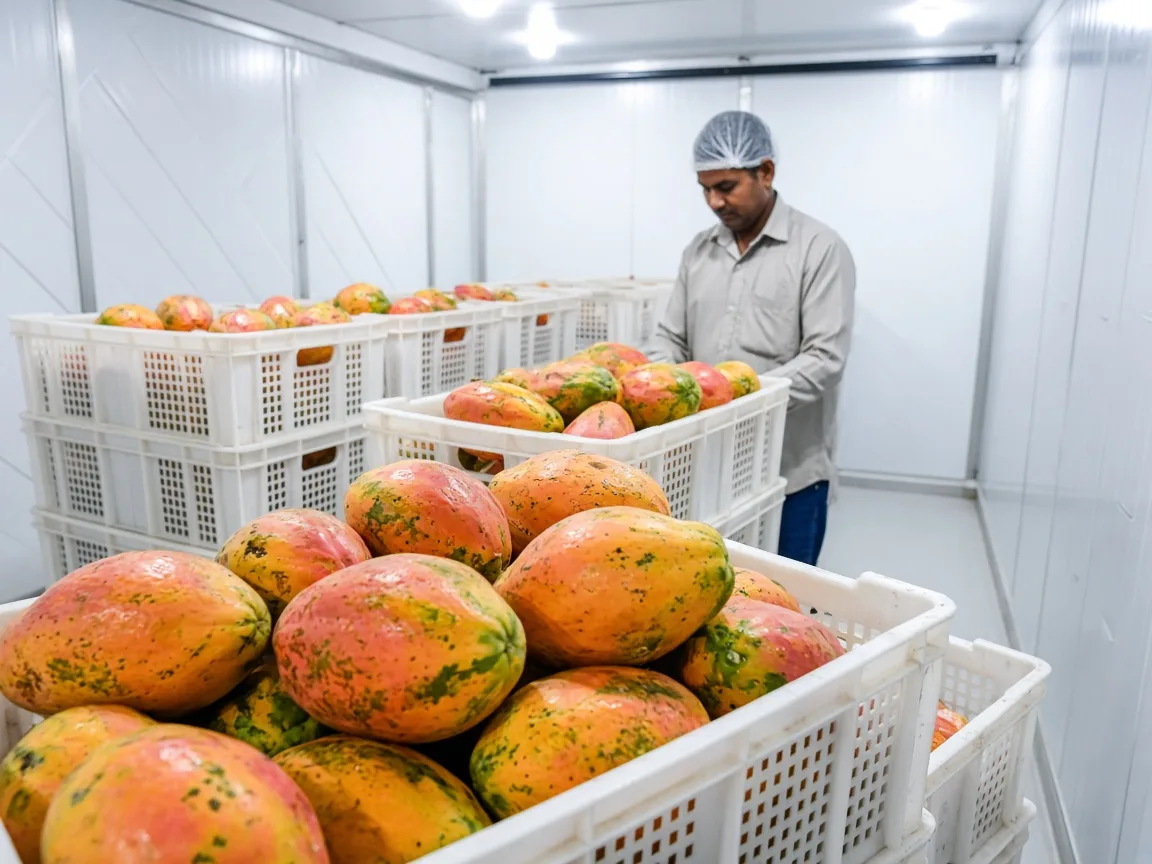 Papayas inside a controlled ripening room in India