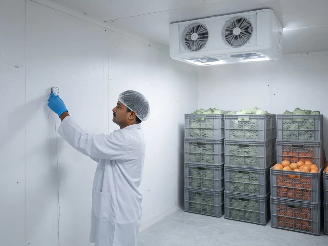 A temperature sensor being fitted in an Indian cold room