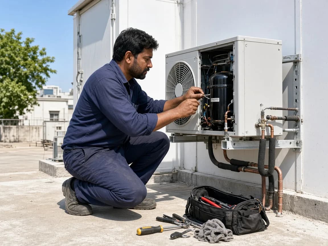 Indian technician servicing an outdoor condensing unit beside a cold room